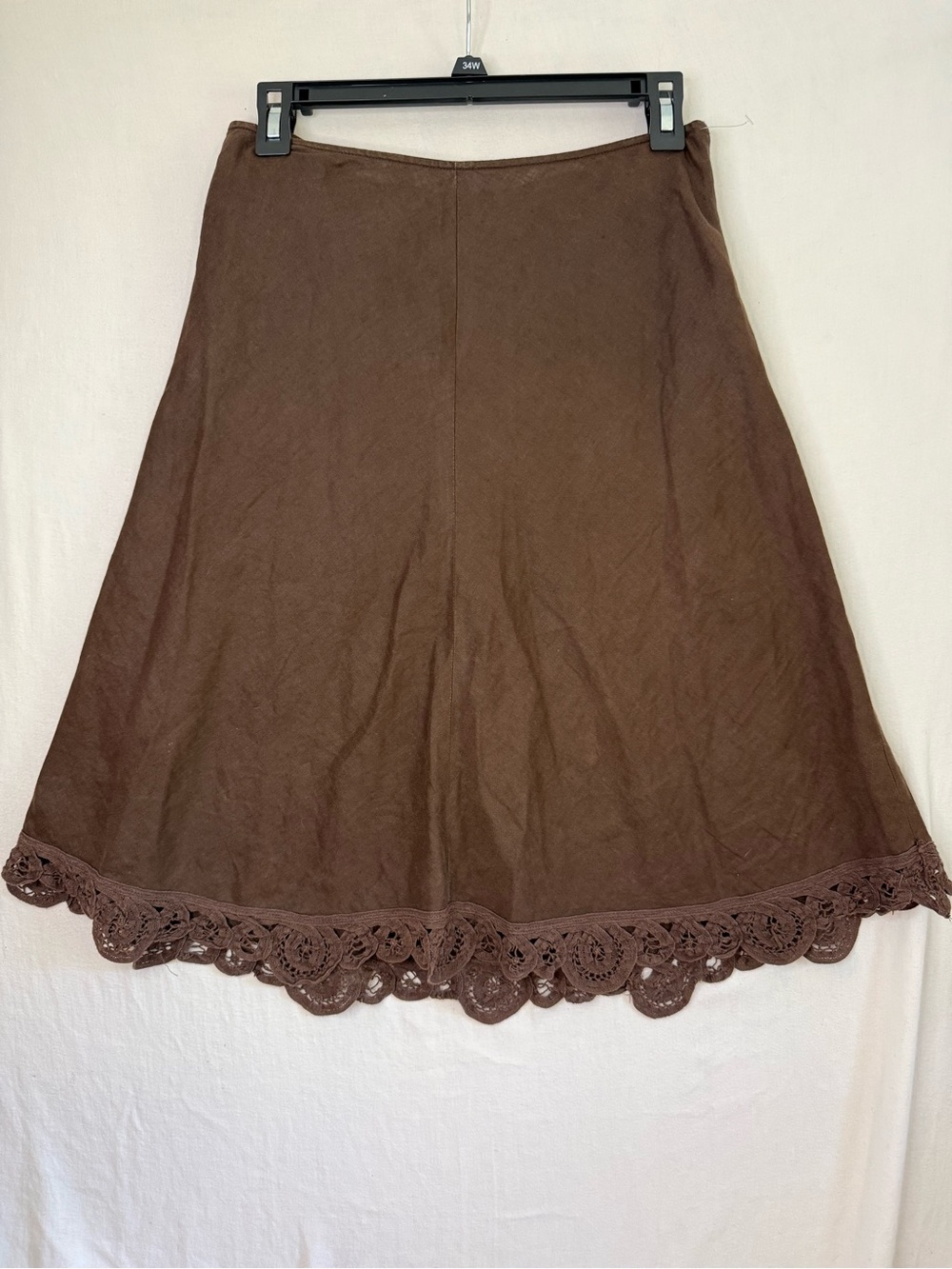 Vintage Y2K Old Navy 100% Linen Zip Brown Lace-Hem A-Line Women's Skirt Size 2